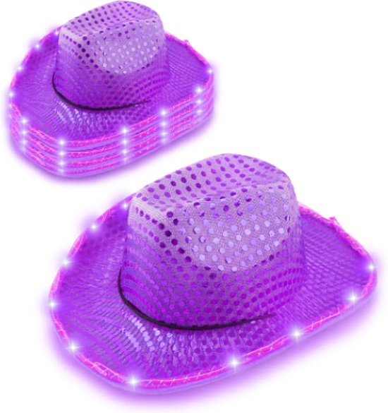 Cowboyhoed Paars met LED verlichting. Bruiloft / Vrijgezellenfeest / Formule 1 / Toppers / Pride / Carnaval / Foute Party
