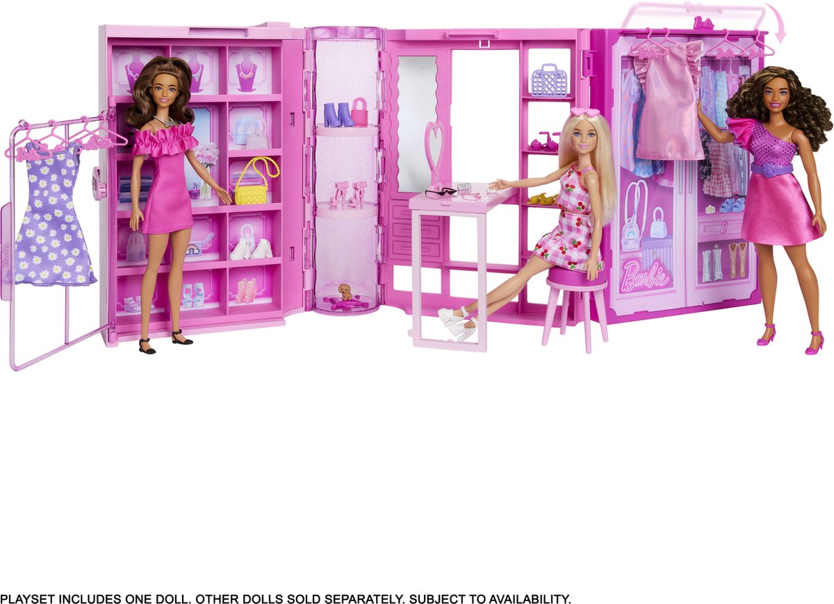 Barbie Super Kledingkast – Modepop met 25+ Stukken, Roze Glitterkast & Kaptafel — afbeelding 8