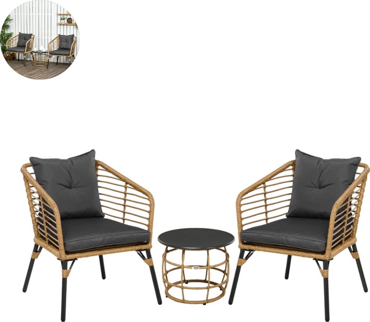 Balkonset 2 personen - Zwart - 3 delig - Met kussens - Gecoat staal
