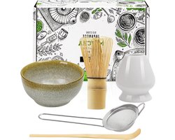 Japanse Matcha Theeset - 5-delig - Garde Set met 100 Prong Garde - Gardehouder - Traditionele Schep - Thee Zeef - Keramische Matcha Bowl - Theeceremonie Accessoire - Matcha maken Japanse Matcha Theeset - 5-delig - Garde Set met 100 Prong Garde - Gardehouder - Traditionele Schep - Thee Zeef - Keramische Matcha Bowl - Theeceremonie Accessoire - Matcha maken