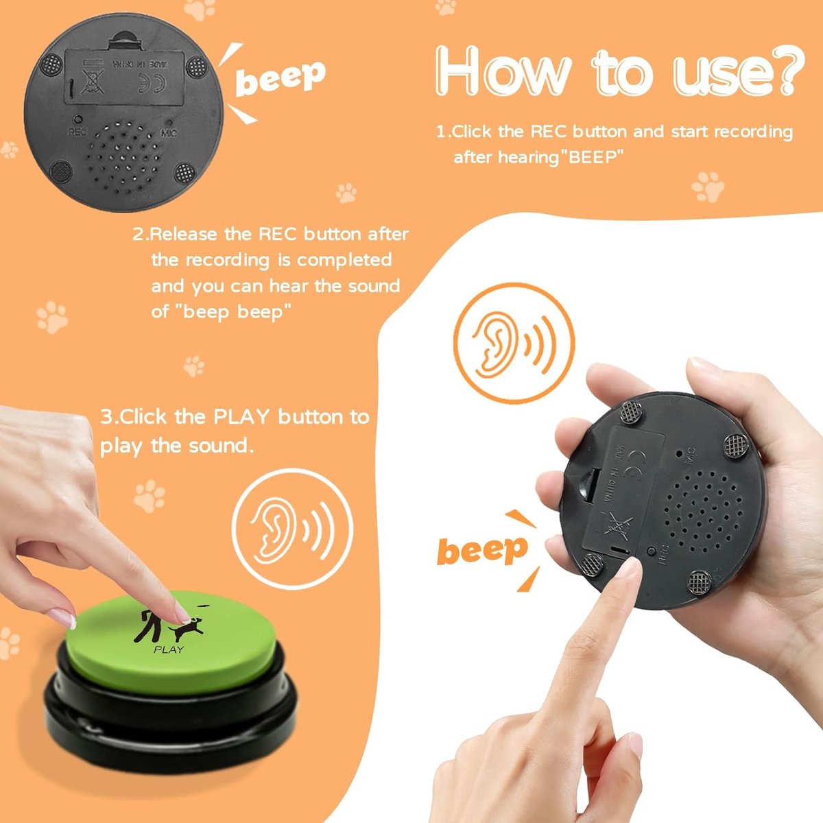 Buzzer mit Aufnahmefunktion, Intelligenzspielzeug für Hunde, Haustier Talking Training Antwort Buzzer, 30 Sekunden Aufnahme &Wiedergabe
