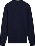 Achterkant van een donkerblauwe sweater met ronde hals.