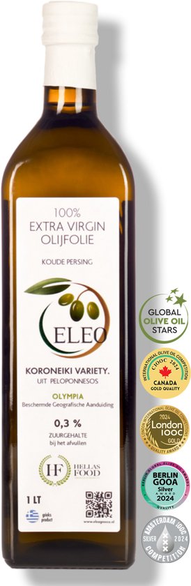 ELEO Olympia – Extra Vierge Olijfolie – 1 liter – zuurgraad 0,3% – 100% Koroneiki – eerste koude persing – zacht & rijk aan antioxidanten – ondersteunt hart & immuunsysteem - Internationale medaille winnaar