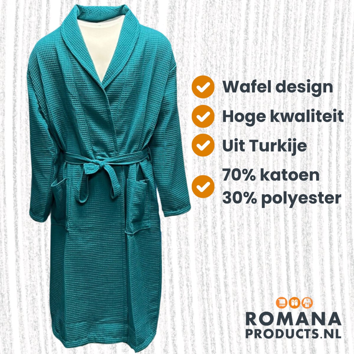 Romana Products Wafel - Badjas Ongevoerd - Petrol - Maat L/XL - Ochtendjas - Kamerjas - Luxe Wellness - Ademend Katoen - Duurzaam en Zacht