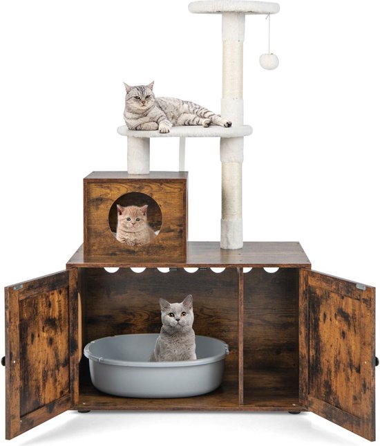 Foto: Suredeal kattenhuis kattenbak krabpaal kast halmeubel opgeruimde kamer 77 5x49x132 cm kattenmand dressoir bijzetkastje katten dierenhuis