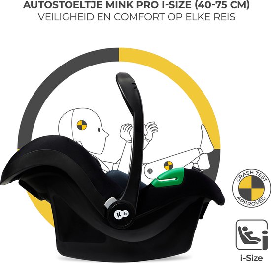 Zwart "Mink Pro i-Size" autostoeltje met crash test en i-Size logo's, met illustratie van een pop.