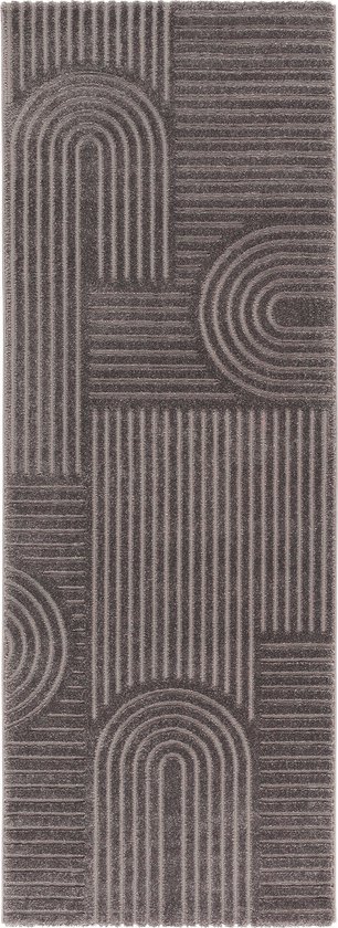 Tapis Poils Ras, Coureur, Salon, Boho Géométrique - Grijs Foncé - 80cm x 220cm - Tapis Moderne Super Doux