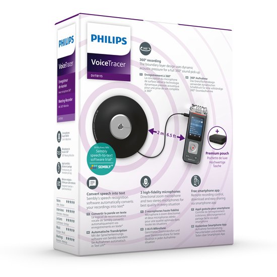 Doos Philips VoiceTracer Meeting Recorder met 360° microfoon. Bevat recorder, 360° microfoon, draadloze afstandsbediening, smartphone-app en Semby AI software.