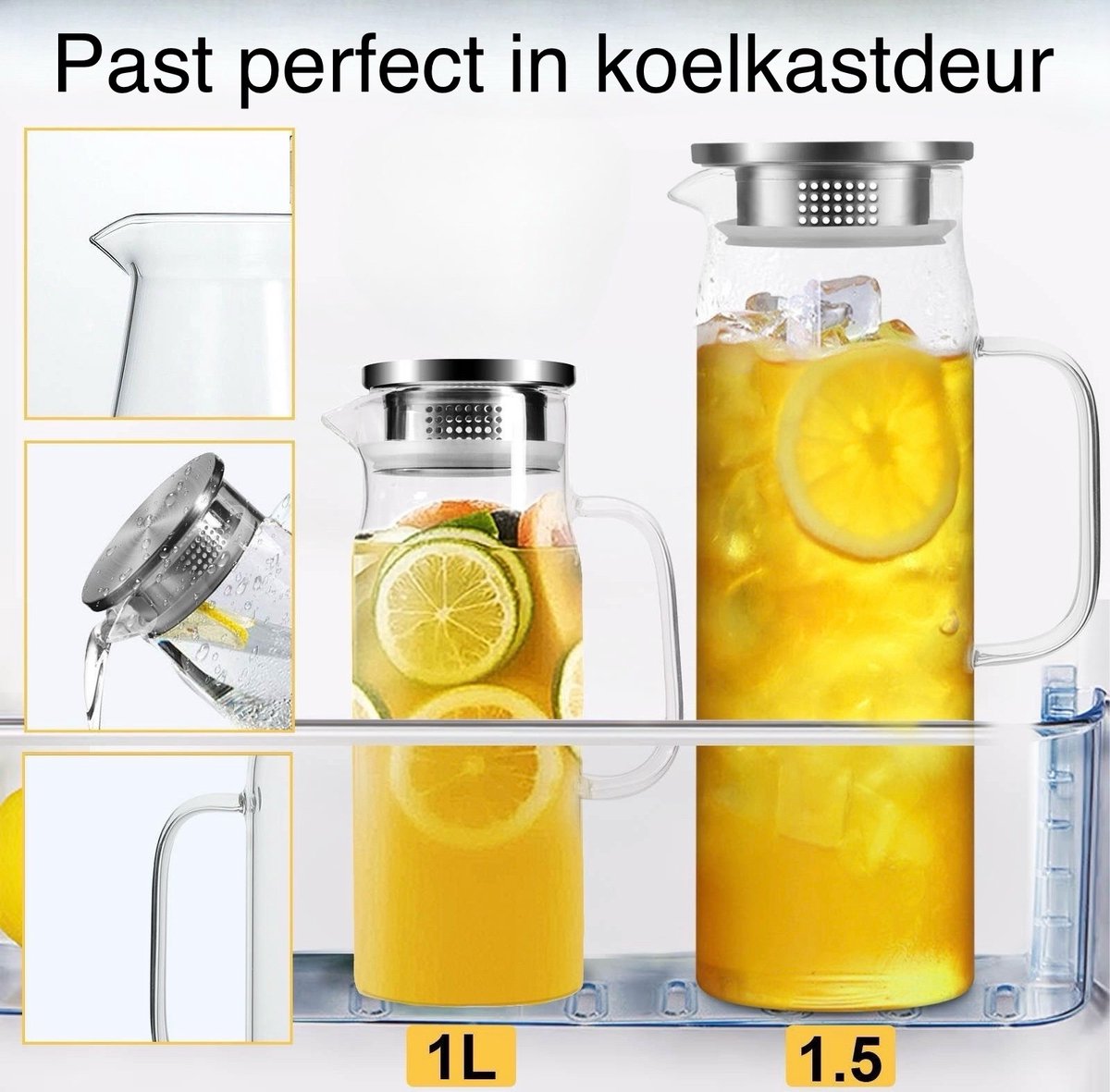 Duvision - Waterkan met deksel 1,5L - Extra stevig glas - Past perfect in koelkastdeur - Vaatwasser bestendig - Schenkkan - Theekan — afbeelding 3