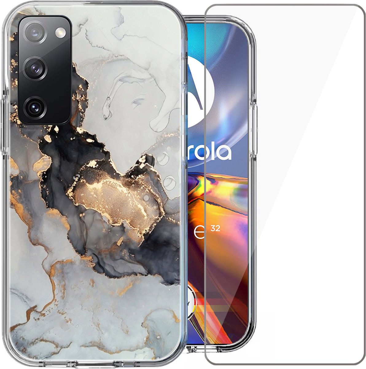 Hoesje geschikt voor Motorola Moto E32 / E32s - Screen Protector Glas - Back Cover Marmer Siliconen Case Wit & Screenprotector