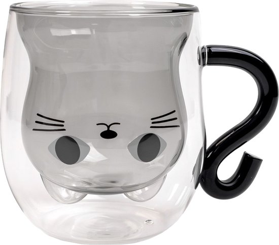 Dubbelwandige koffiebeker van glas met handvat, thermobeker met lepel