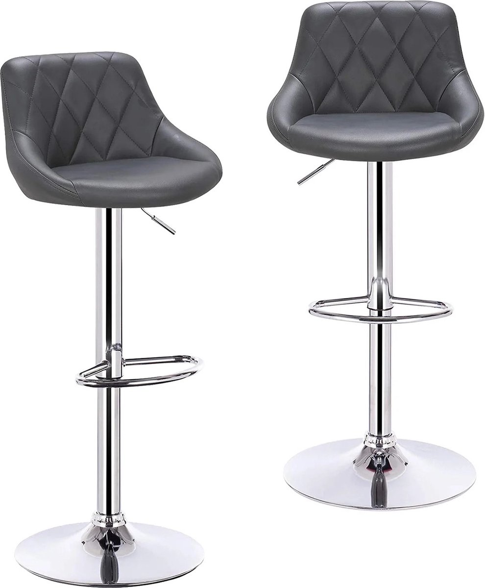 Wildor® Barkrukken - Grijs - Zilveren Poot - Leer - 2 Stuks - Verstelbaar - Max Gewicht 100kg - Zitvlakte 35x38cm - Hoogte 84-106cm