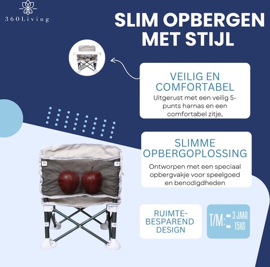 360 Living® - Kinderstoel Inklapbaar - Grijs - Eetstoel Baby - Kinderzetel - Kinderstoel Inklapbaar met Eetblad - Kinder Eetstoel van 360 Living — afbeelding 2
