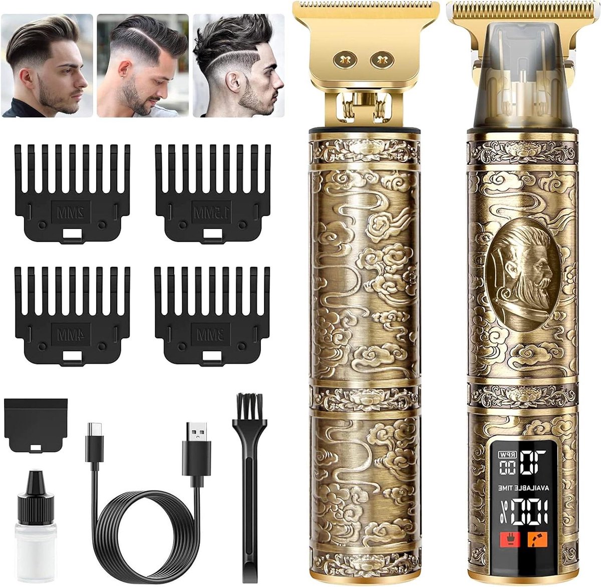 Baardtrimmer Professionele T-blade Tondeuse voor Heren - Scheerapparaat voor Gezichts- en Hoofdhaar - Contouren Haartrimmer met Geleidingskammen - Type C Opladen Baardtrimmer