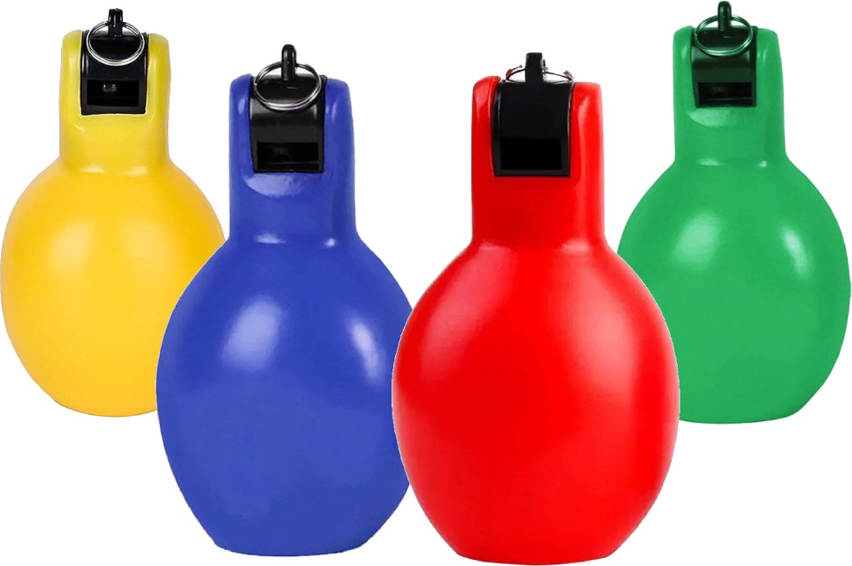 Knijpfluit - Handfluit - Scheidsrechtersfluitjes - Scheidsrechtersfluit – Fluit – Fluitje – Wizzball - Peerfluit – Hondenfluitje - Fluitje Scheidsrechter - Set van 4 stuks - PVC – Geel, groen, rood en blauw