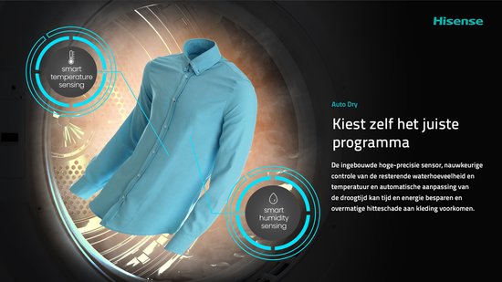 Blauw overhemd in een Hisense droger, met "smart temperature sensing" en "smart humidity sensing".
