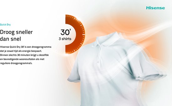 Witte Hisense polo, naast een klok die 30 minuten aangeeft.