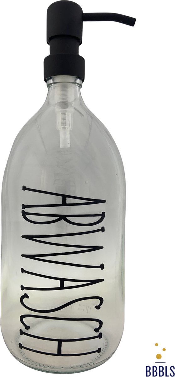 BBBLS® Design Dispenser "Abwasch" | Transparant Glas | 1 liter | RVS / Metaal Pomp Zwart | Zeeppomp | Zeepdispenser | Zeephouder
