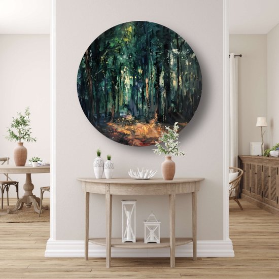 Bos wandbord - Natuur muurdecoratie rond - Wandcirkel Licht - Moderne schilderijen - Forex schilderij - Wanddecoratie woonkamer muurcirkel forex 90x90 cm