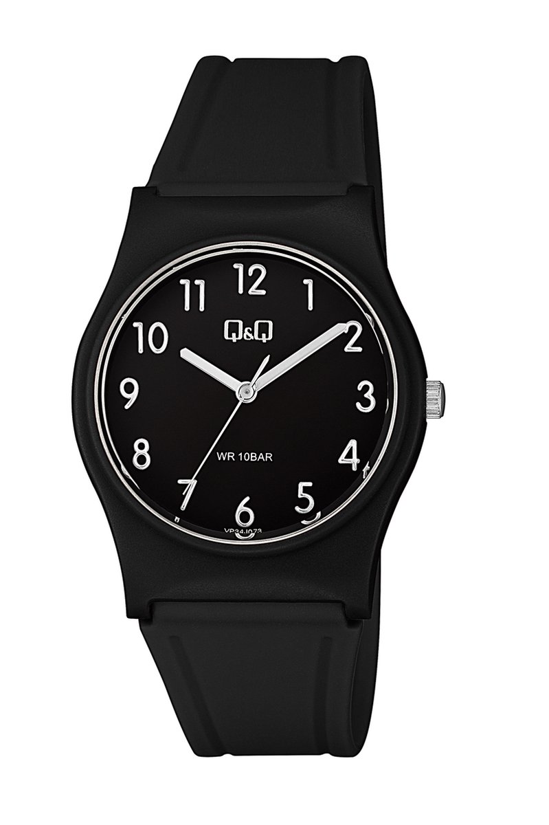 QQ VP34J073Y - Horloge - Sport - Analoog - Unisex - Plastic band - Rond - Cijfers - Kunststof - Zwart - Zilverkleurig - 10 ATM