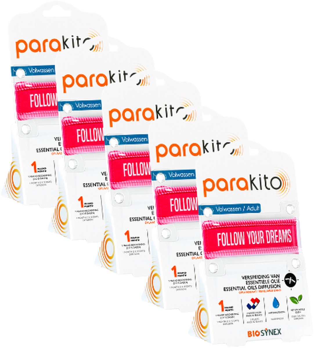 Goedkoopste Parakito Oplaadbare Anti-Muggen Armband - Volwassen - Plant-Based Bescherming - Navulbaar - Dreams Fuchsia x5