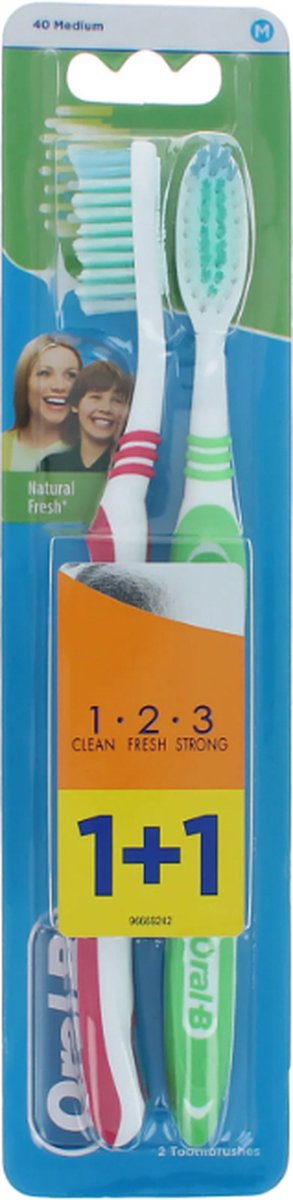 Goedkoopste Oral-B 1.2.3 Natural Fresh Duo Pack Tandenborstel - 40 Medium Pink-Green