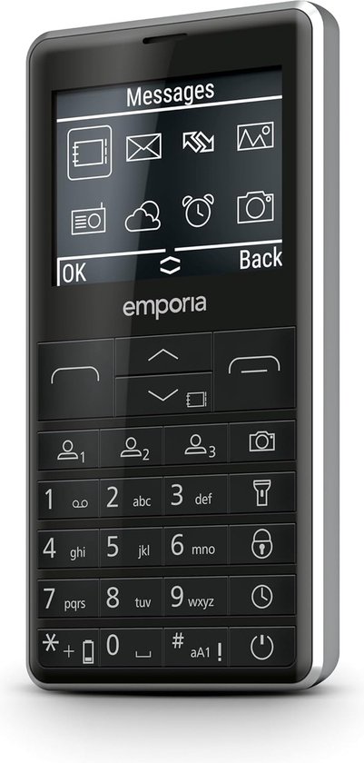 Téléphone senior Emporia noir avec clavier physique, grand écran et affichage du menu 'Messages'.