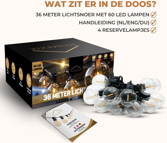 Cordon lumineux Homezie 36 mètres avec 60 ampoules LED | Étanchéité | Blanc chaud | Liable et gradable | guirlande lumineuse | Éclairage de jardin | Guirlande lumineuse | Cordon lumineux à l'extérieur | Câble de piqûre