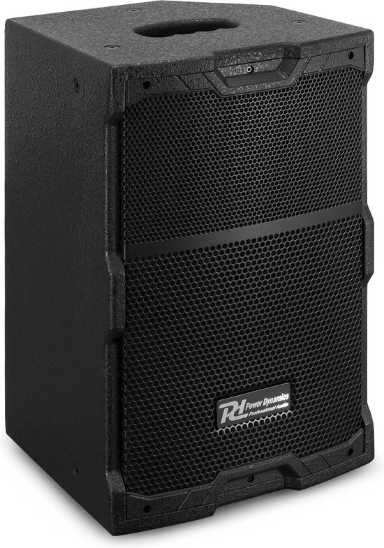 Zwarte Power Dynamics PDY210A actieve speaker met rooster en logo, zijaanzicht.