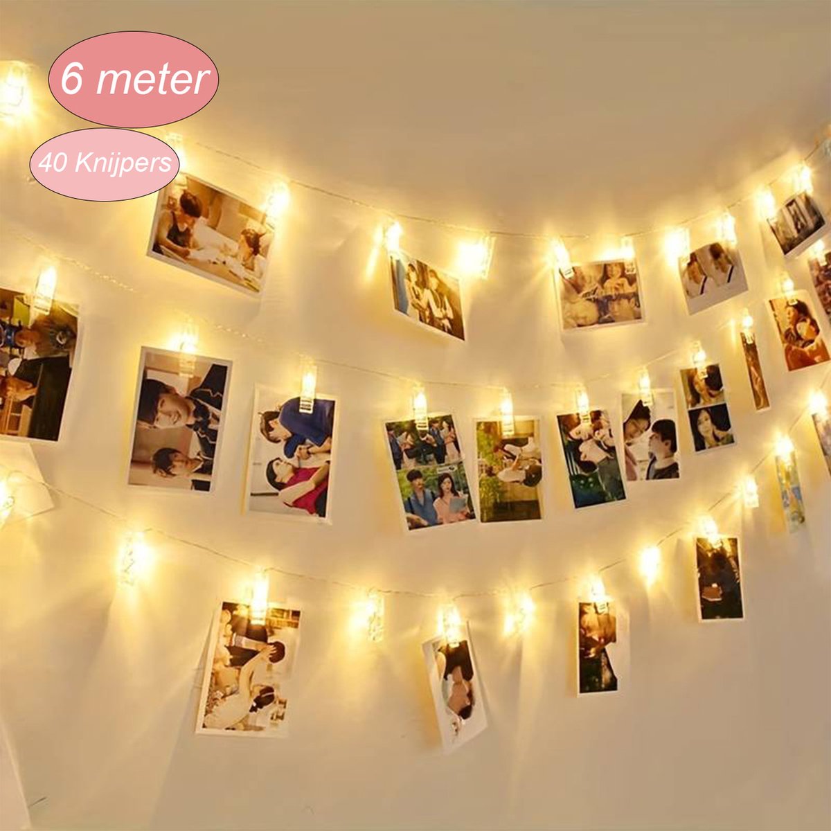 Fotoslinger met verlichting 6 meter & 40 LED lichtjes