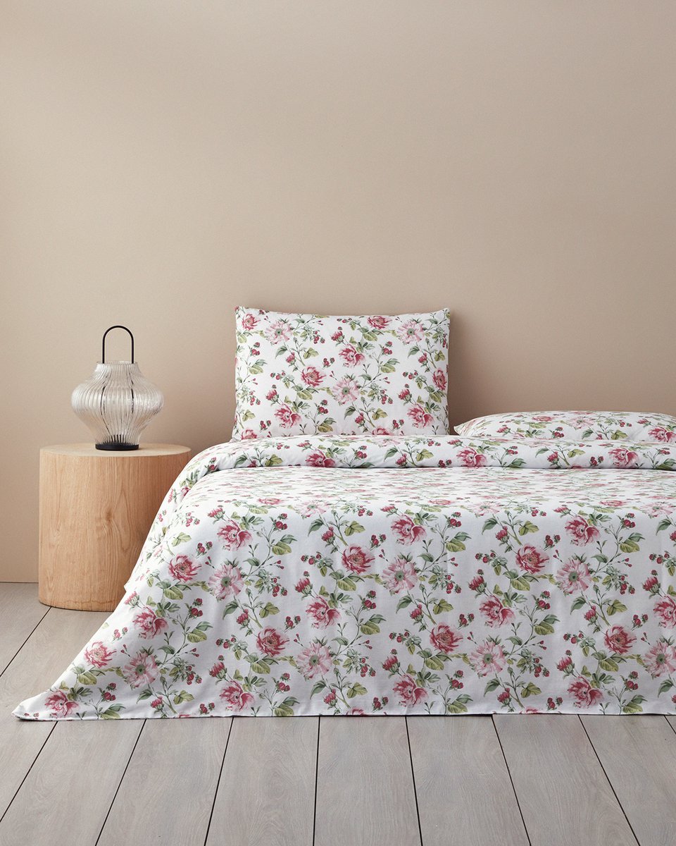 English Home - Sparkling Flowers Dekbedovertrekset - 100% katoen - Incl. Hoeslaken 100x200 - Eenpersoons 160 x 220 cm - Kussensloop- Roze -Groen kleur