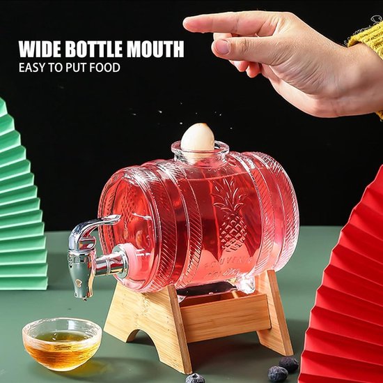 Carafe à Boissons En Verre Cristal – 1 L, Forme Tonneau, Avec Robinet Et Support En Bois