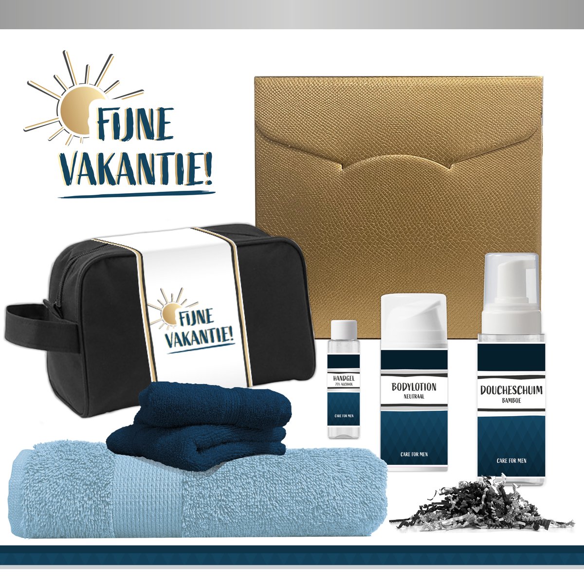 Goedkoopste Geschenkset “Fijne vakantie!” - 7 producten - 600 gram | Wellness Vakantiepakket voor hem - Groot Strandlaken Cadeau - Luxe Giftset Strand Badlaken - Zomer Cadeaupakket - Vakantie Pakket Man - Medewerkers Zorgwerkers Vrijwilligers Gift Set Goud Blauw