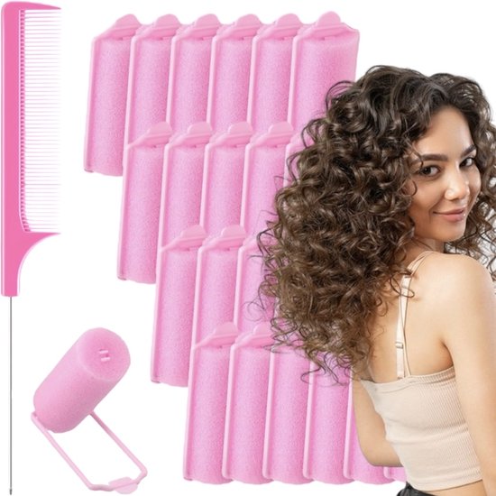 Foto: Ultiluxe haarrollers set 24 stuks roze 1 5 cm dik met punt kam schuimspons krulspelden voor krullen haarkrullers krullen zonder hitte heatless curls haarstyling zachte spons krullers met bevestigingsklem krulset foam rollers