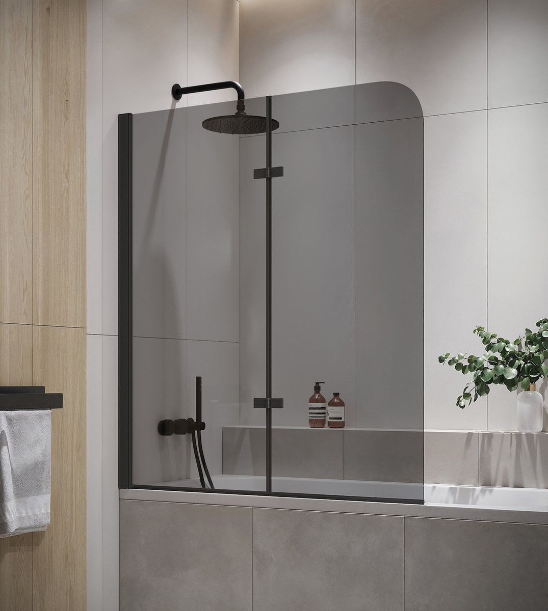 Badplaats Badwand Austin 100 x 140 cm – Rookglas – Zwart – Badscherm Draaibaar 5 mm dik – Veiligheidsglas en Antikalk