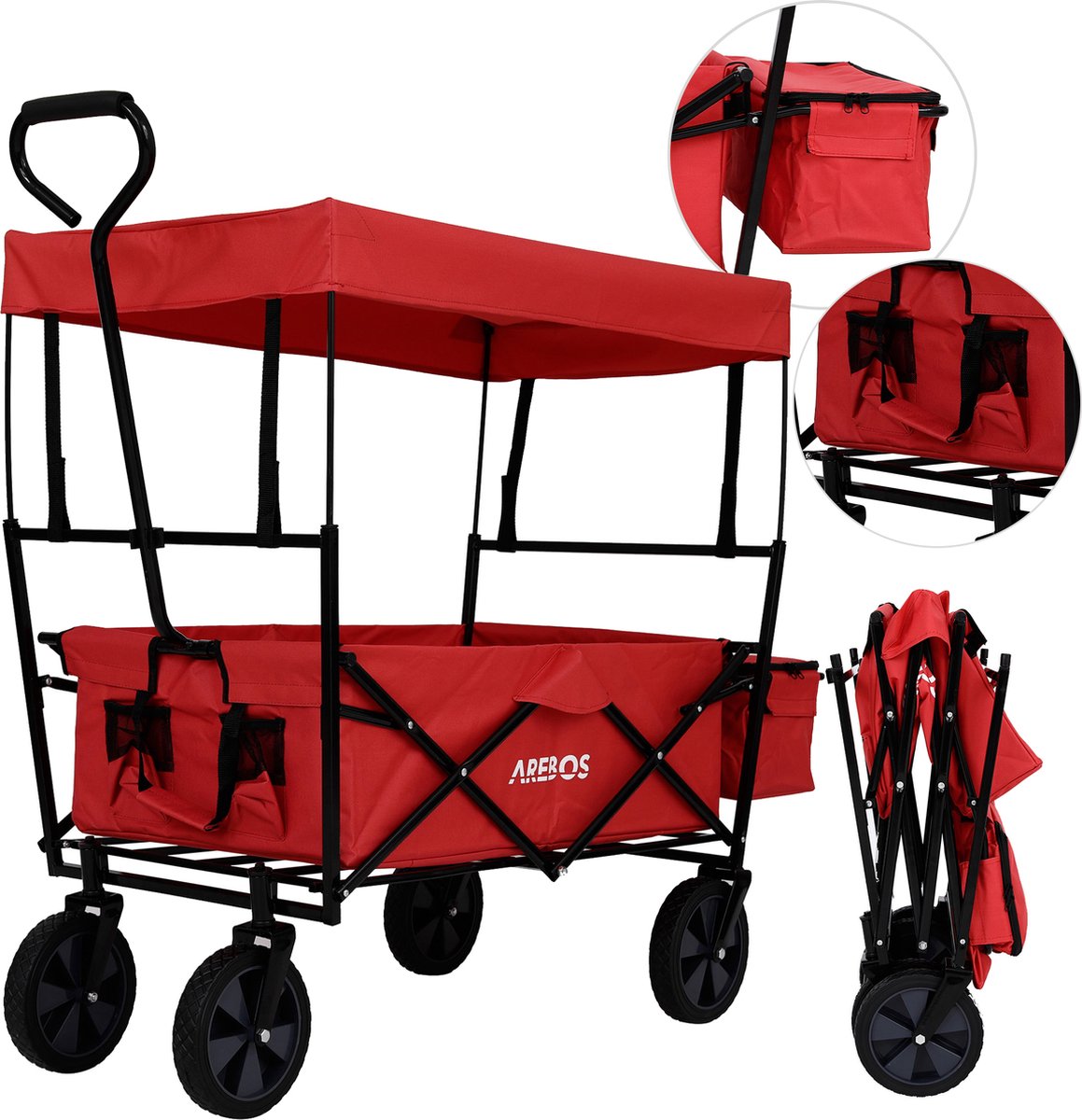 AREBOS Bolderkar Opvouwbaar met Dak - Handkar - Bolderkar Luchtbanden - Handwagen - 70 kg - 360° Draaibare Voorwielen - Rood