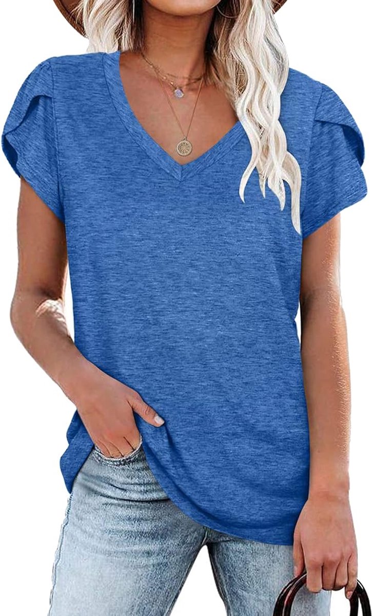 Mouwen voor Dames Elegante Top Casual Dagelijks Klassiek Shirt Causal Printing V Neck Top Shirt Petal Sleeves Blauwe