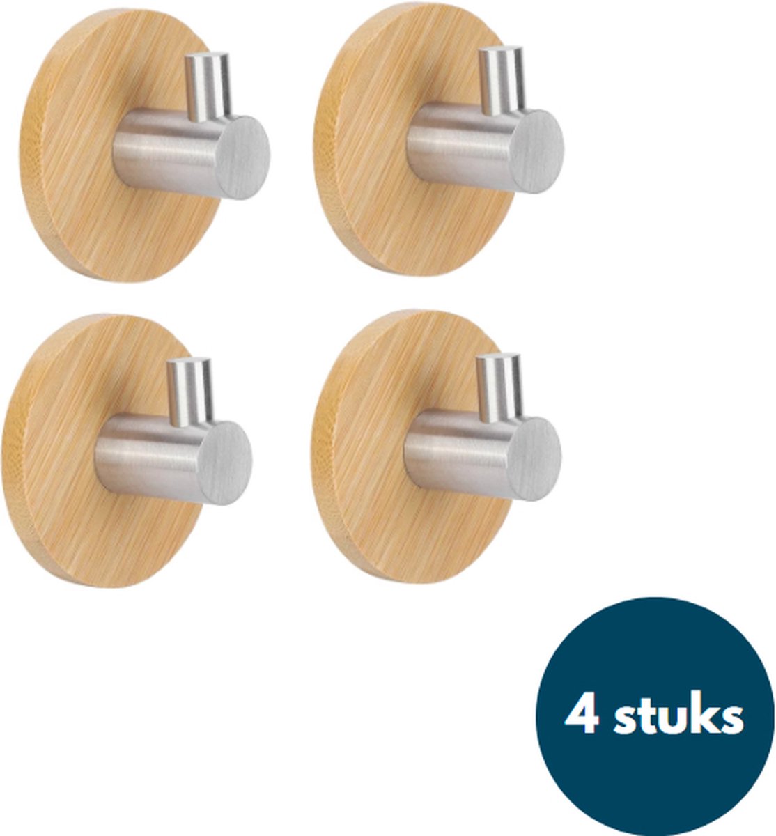 Kapstok haken hout - Bamboe hout chroom - Wandhaken - Wandkapstok - Zelfklevende haakjes - Plakhaakjes - Rond - 4 stuks