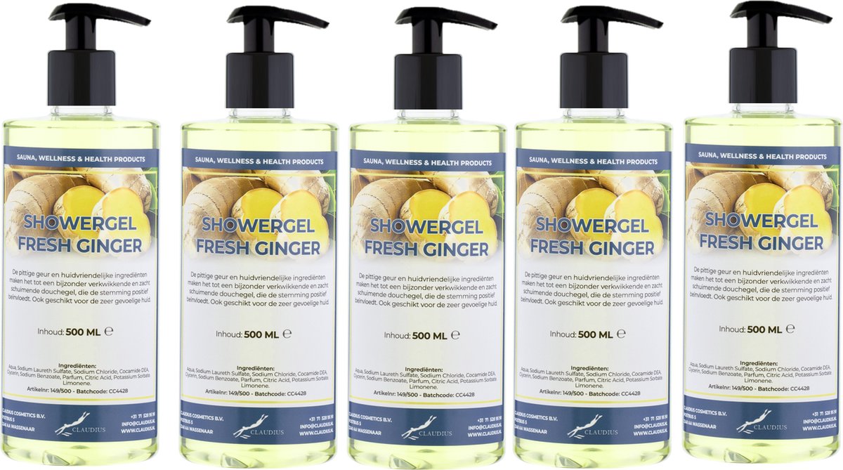 Goedkoopste Douchegel Fresh Ginger 500 ml - set van 5 stuks - met gratis pomp - Showergel