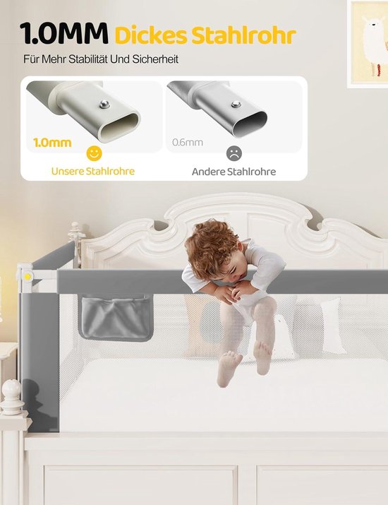 Barrière de lit 180 cm pour enfant - Montage rapide - Réglable en hauteur - Barrière de lit enfant pour lits enfants et lits parents - Barrière de lit NesriToy
