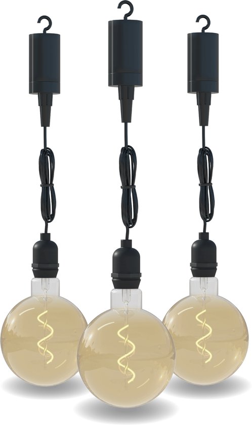 Calex Hanglamp voor buiten - 3 Stuks - Pendel Buitenverlichting op batterij - Goud - Filament Lichtbron - Zwart - Sierlamp - Decoratief - 4 lumen Zachte lichtoutput