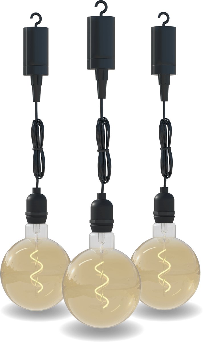 Calex Hanglamp voor buiten - 3 Stuks - Pendel Buitenverlichting op batterij - Goud - Filament Lichtbron - Zwart - Sierlamp - Decoratief - 4 lumen Zachte lichtoutput