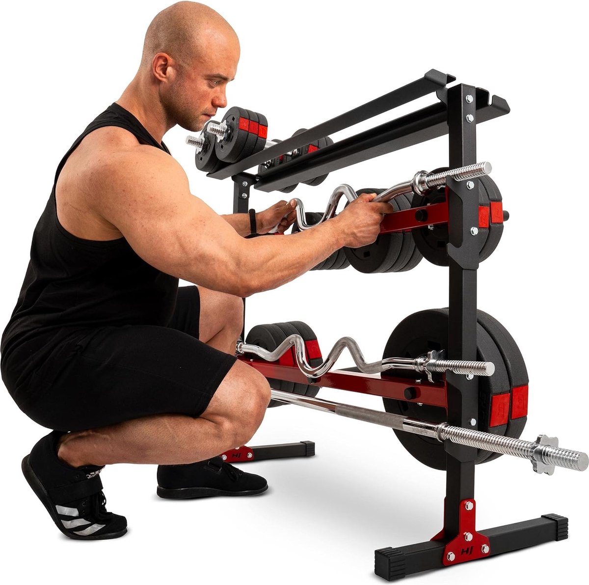 Hop-Sport Verstelbare Halterstandaard HS-1004L - Multifunctioneel Squat Rack voor Kniebuigingen, Halterhouder voor Lange Halters, Stevige en Duurzame Krachttrainingstandaard