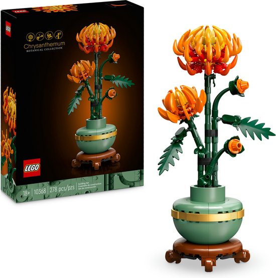 Boîte LEGO Chrysanthème Botanical Collection à côté d'un chrysanthème orange isolé dans un pot vert pastel.