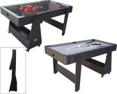 Collage van een opklapbare airhockeytafel en een pooltafel op wielen.