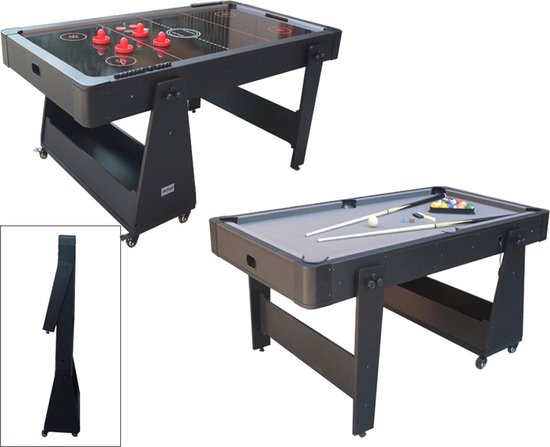 TopTable Twist Grey-Black, mobile 5,5ft - Airhockey & Pooltafel Combi 2 in 1 Gemakkelijk Opklapbaar & Verrijdbaar