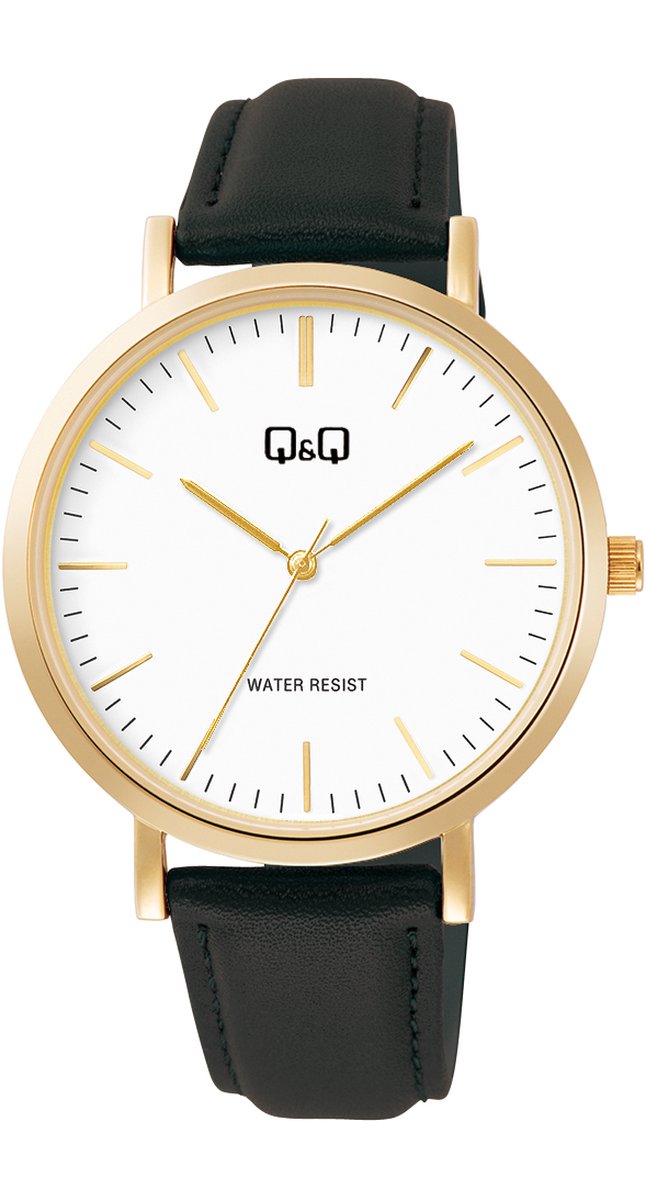 QQ C34A-009PY - Horloge - Analoog - Heren - Mannen - Leren band - Rond - Metaal - Strepen - Zwart - Goudkleurig - Wit