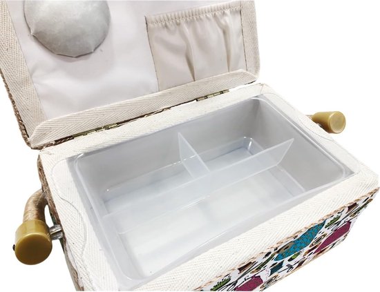 Naaikistje van hout, middelgroot, met accessoires, bekleed met stof, met 8 vakken, organizer met naaldvak, doos met handvat, accessoirebakje (middelgroot, machine