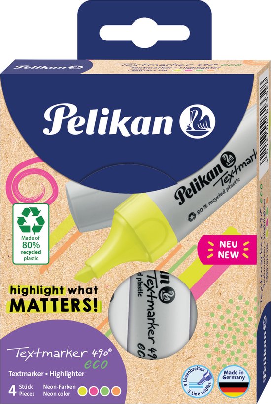 Pelikan Textmarker 490 Eco, 4 neonkleuren in verpakking, met recycle logo en 'highlight what MATTERS!'