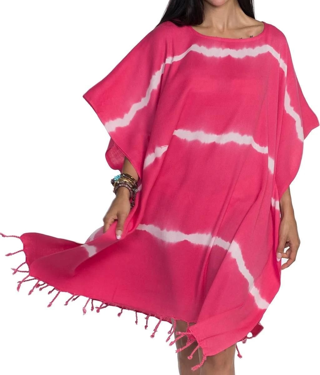 Tie Dye Strandtuniek Fuchsia Onesize (L/XL) - onesize - strand tuniek dames - sauna - strandmode - strandjurk - tuniek - sarong-dress - bikini cover up - strandjurkje